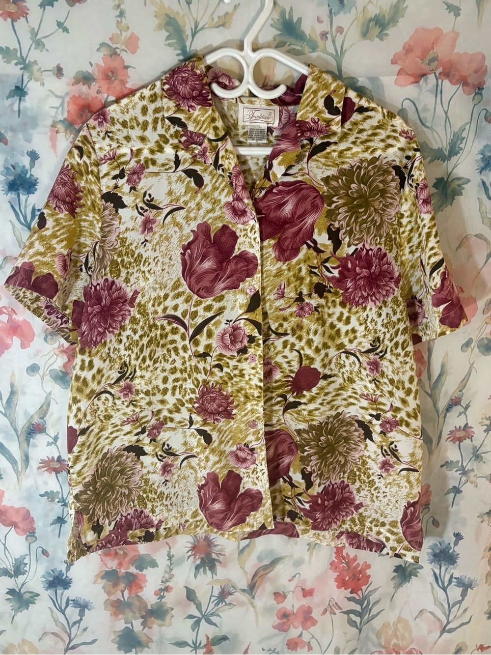 Vintage Floral Button-Up Blouse with Pink & Olive Floral Print